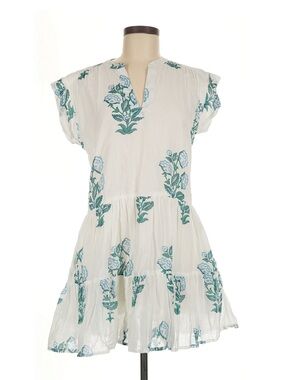Oliphant White Blue Block Print Floral Cap Sleeve Drop Waist Mini Dress M